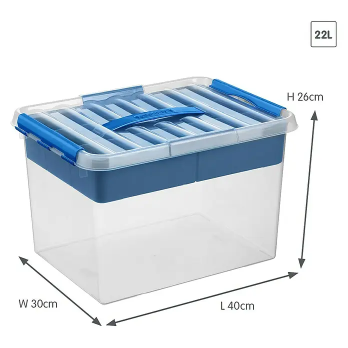 Sunware Aufbewahrungsbox Q-Line - L x B x H: 40 x 30 x 26 cm, Kunststoff, Transparent/Blau - Abbildung einer durchsichtigen 22-Liter-Aufbewahrungsbox mit blauem Deckel und den Maßen 40 x 30 x 26 cm.