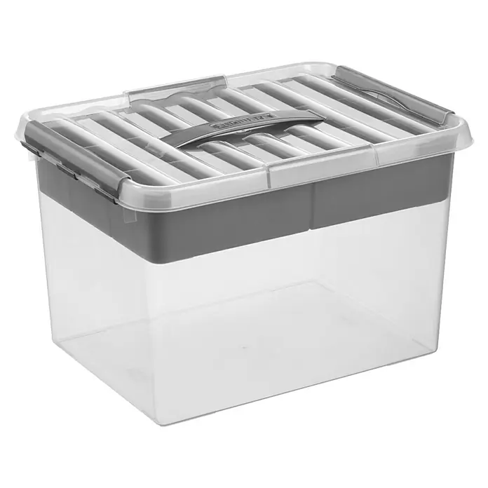 Sunware Aufbewahrungsbox Q-Line mit Einsatz - L x B x H: 40 x 30 x 26 cm, Kunststoff, Transparent - Durchsichtige Kunststoffbox mit grauem Deckel und Tragegriff zur Aufbewahrung von Gegenständen. Praktisch für Ordnung im Haus.
