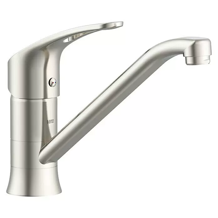 Lenz Spültischarmatur Kela - Hochdruck, Nickel, Matt - Eine moderne Einhebel-Küchenarmatur aus gebürstetem Metall mit gebogenem Auslauf und Warm-/Kaltwasseranzeige.