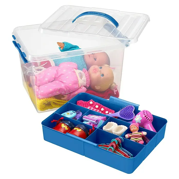Sunware Aufbewahrungsbox Q-Line - L x B x H: 40 x 30 x 18 cm, Kunststoff, Transparent/Blau - Spielzeug-Aufbewahrungsbox aus Kunststoff mit Puppen und Accessoires, ideal zur Aufbewahrung und Organisation von Spielsachen.
