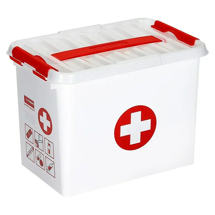 Sunware Erste-Hilfe-Box Q-Line - L x B x H: 30 x 20 x 22 cm, Kunststoff - Weiße Erste-Hilfe-Box mit rotem Kreuz und transparentem Deckel mit roten Griffen zur einfachen Aufbewahrung von Verbandsmaterial.