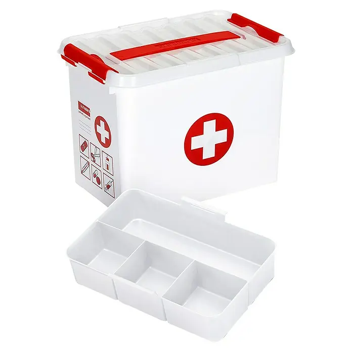 Sunware Erste-Hilfe-Box Q-Line - L x B x H: 30 x 20 x 22 cm, Kunststoff - Produktfoto eines Erste-Hilfe-Koffers aus Kunststoff mit rotem Kreuz und einem herausnehmbaren Einsatz.
