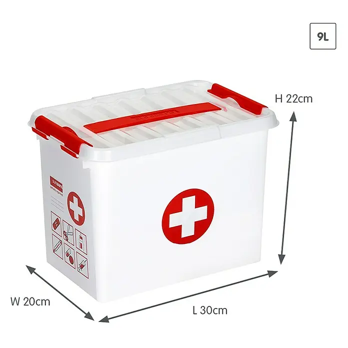Sunware Erste-Hilfe-Box Q-Line - L x B x H: 30 x 20 x 22 cm, Kunststoff - Weiße Erste-Hilfe-Box mit rotem Kreuz und transparentem Deckel, ideal für die Aufbewahrung von medizinischen Hilfsmitteln.