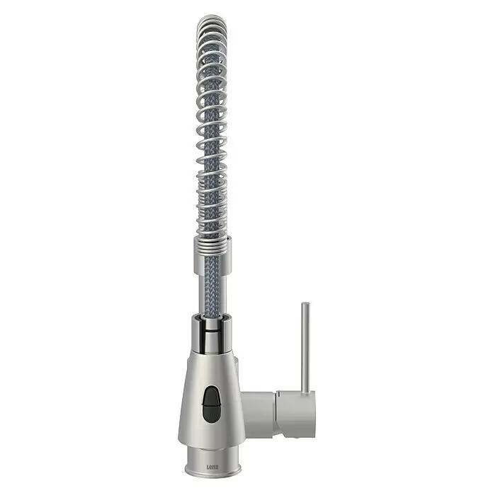Lenz Spültischarmatur Kalani 2 - Edelstahl, Matt, Höhe: 46 cm, Messing - Gebürstete Metall-Küchenarmatur mit federumwickeltem Schlauch, schwarzem Brausekopf-Knopf und Einhebelgriff.