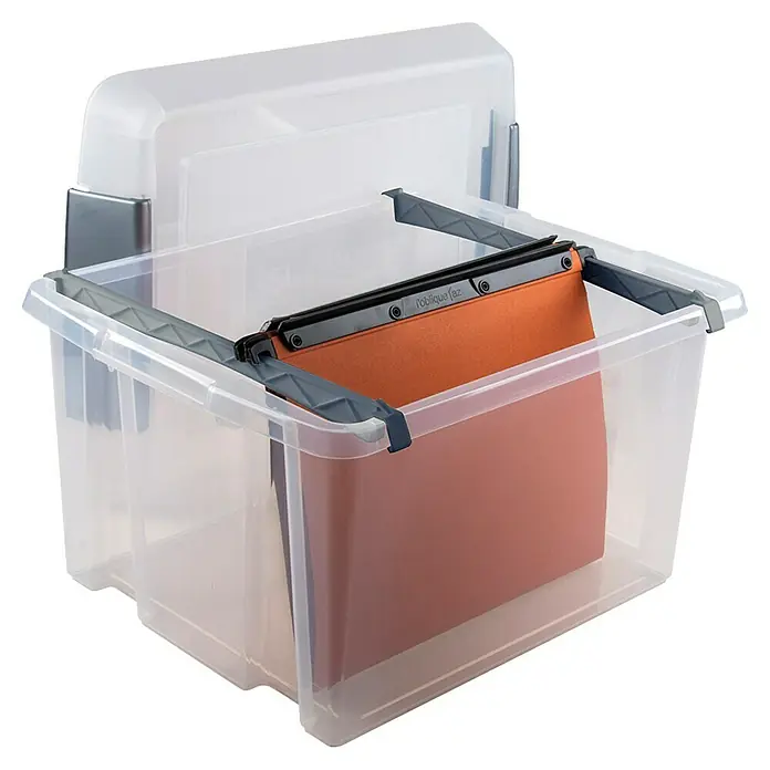 Sunware Hängeaufbewahrung Nesta - L x B x H: 47,5 x 37 x 28 cm, 37 l, Transparent - Kunststoff-Aufbewahrungsbox für Hängeordner mit grauem Rahmen und transparentem Deckel zur Archivierung von Dokumenten.