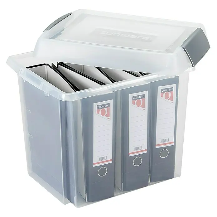 Sunware Aufbewahrungsbox Nesta - L x B x H: 47,5 x 37 x 40,5 cm, Kunststoff, Transparent - Bild eines transparenten Aktenbehälters mit grauem Deckel, gefüllt mit Aktenordnern.