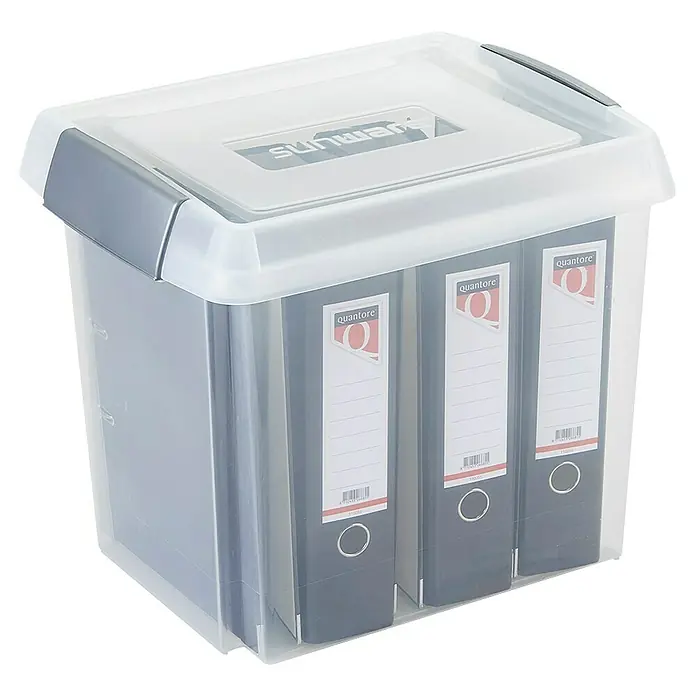 Sunware Aufbewahrungsbox Nesta - L x B x H: 47,5 x 37 x 40,5 cm, Kunststoff, Transparent - Aufbewahrungsbox mit drei Aktenordnern. Die Box ist aus transparentem Kunststoff mit grauem Deckel und Griffen.