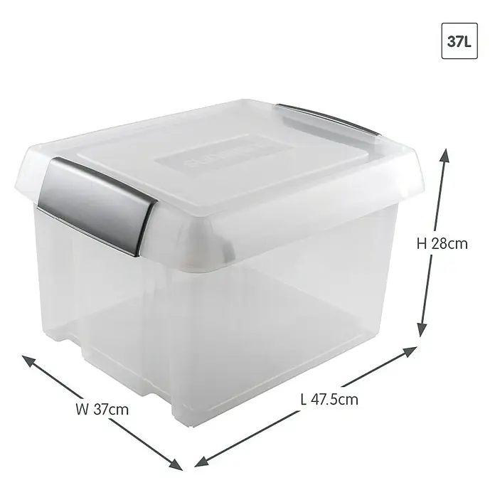 Sunware Hängeaufbewahrung Nesta - L x B x H: 47,5 x 37 x 28 cm, 37 l, Transparent - Kunststoffbox "Superbox" mit Deckel und silbernen Griffen, Abmessungen 47.5x37x28 cm, Volumen 37 Liter.