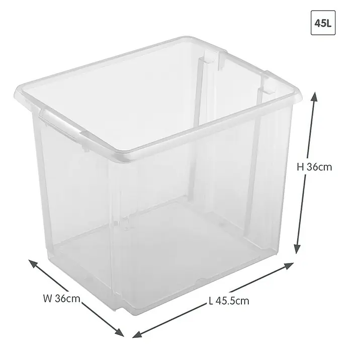 Sunware Aufbewahrungsbox Nesta - L x B x H: 45,5 x 36 x 36 cm, Kunststoff, Transparent - Abbildung einer durchsichtigen 45-Liter-Aufbewahrungsbox aus Kunststoff mit den Maßen 36 x 36 x 45,5 cm zur vielseitigen Aufbewahrung.