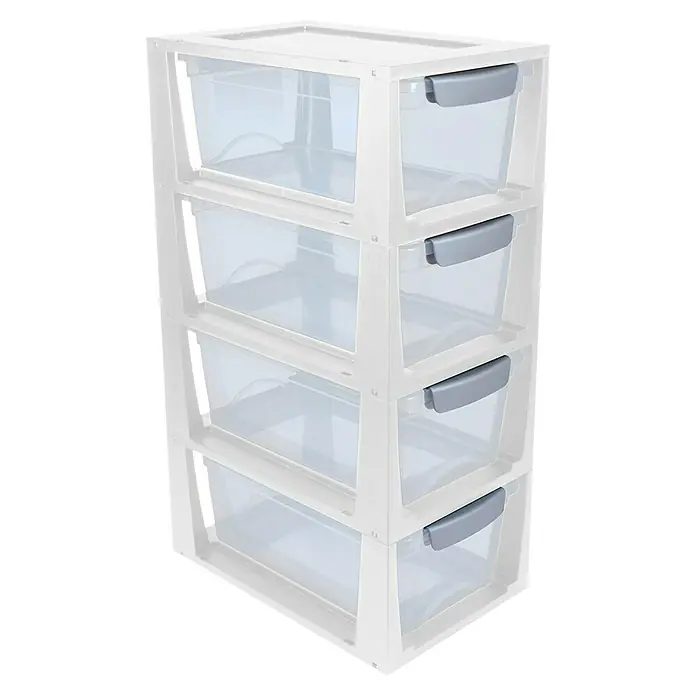 Sunware Schubladenbox Omega - L x B x H: 33,5 x 22 x 15,3 cm, Kunststoff, Transparent/Weiß - Helle Aufnahme eines Regals aus Kunststoff mit vier transparenten Schubladen und grauen Griffen. Praktische Aufbewahrungsmöglichkeit.