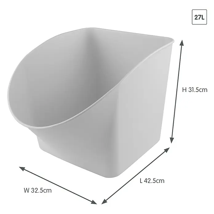 Sunware Aufbewahrungsbox Spielzeugbox - L x B x H: 42,5 x 32,5 x 31,5 cm, Fassungsvermögen: 27 l, Weiß - Abbildung eines grauen 27L-Abfallbehälters mit den Maßen H 31,5 cm, B 32,5 cm und L 42,5 cm zur Darstellung seiner Größe.