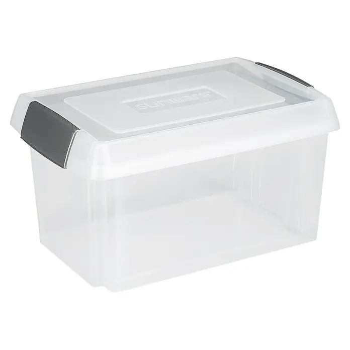 Sunware Aufbewahrungsbox Nesta - L x B x H: 61,5 x 40,5 x 33 cm, Kunststoff, Transparent - Eine durchsichtige Sunware Aufbewahrungsbox mit Deckel und grauen Griffen, ideal für die Organisation von Gegenständen im Haushalt.