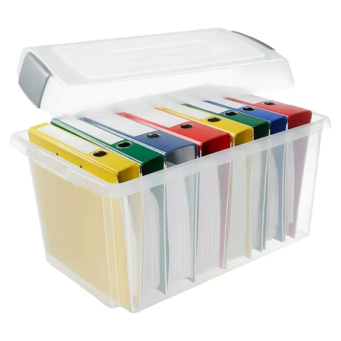 Sunware Aufbewahrungsbox Nesta - L x B x H: 61,5 x 40,5 x 33 cm, Kunststoff, Transparent - Aufbewahrungsbox mit Deckel und farbigen Ordnern. Ideal für Büro und Homeoffice, um Dokumente ordentlich zu verstauen.