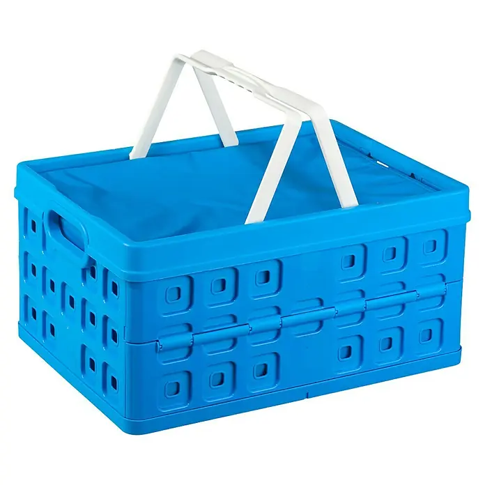 Sunware Kühltasche - L x B x H: 490 x 360 x 250 mm, Fassungsvermögen: 32 l - Ein blauer, faltbarer Einkaufskorb mit weißem Griff ist auf schwarzem Hintergrund abgebildet. Praktisch für Transport und Aufbewahrung.