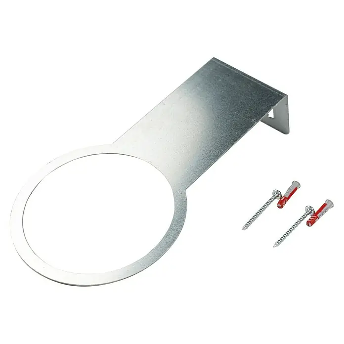 Gusta Garden Pflanzturm Sissi Strawberry Classic - 270 x 270 x 1.130 mm, Anthrazit - Das Bild zeigt eine Halterung zur Wandmontage, ideal für Flaschen oder Behälter, zusammen mit zwei Schrauben und Dübeln für eine sichere Installation.
