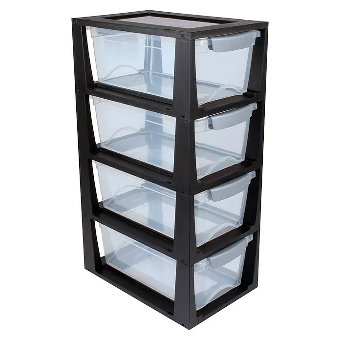 Sunware Schubladenbox Omega - L x B x H: 33,5 x 22 x 15,3 cm, Kunststoff, Schwarz/Transparent - Ein schwarzer Kunststoff-Rollcontainer mit vier transparenten Schubladen, ideal zur Aufbewahrung verschiedener Gegenstände im Haushalt.