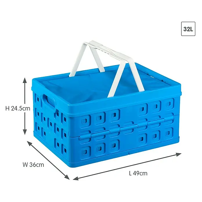 Sunware Kühltasche - L x B x H: 490 x 360 x 250 mm, Fassungsvermögen: 32 l - Ein blauer Einkaufskorb mit weißem Griff, ideal für Einkäufe. Die Maße sind angegeben: H 24.5cm, W 36cm, L 49cm, und das Volumen beträgt 32L.