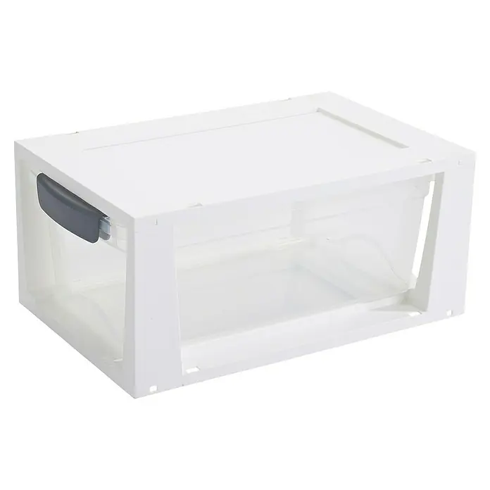 Sunware Schubladenbox Omega - L x B x H: 33,5 x 22 x 15,3 cm, Kunststoff, Transparent/Weiß - Weiße Aufbewahrungsbox aus Kunststoff mit transparentem Fach und grauem Griff, ideal für die Organisation von Kleidung und Gegenständen.