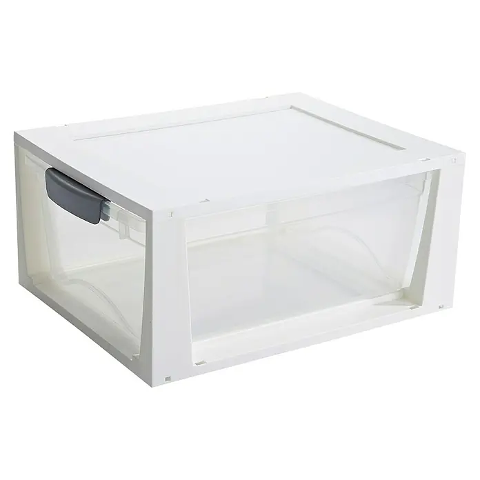 Sunware Schubladenbox Omega - L x B x H: 37,5 x 29,5 x 17,5 cm, Kunststoff, Transparent/Weiß - Ein weißer Schubladen-Organizer mit transparentem Fach und grauem Griff, ideal für die Aufbewahrung und Ordnung von Gegenständen.