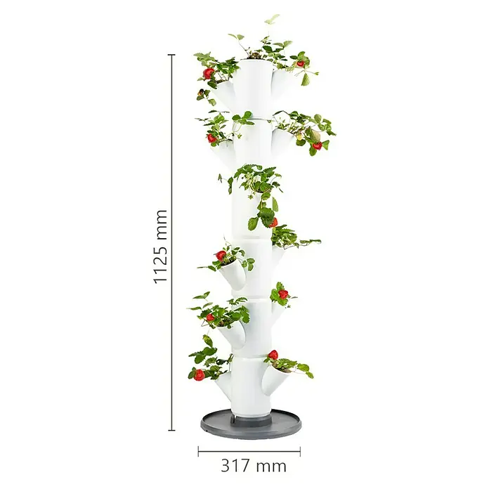 Gusta Garden Pflanzturm Sissi Strawberry Classic - 270 x 270 x 1.130 mm, Weiß - Vertikaler Erdbeerturm mit 1125 mm Höhe und 317 mm Durchmesser, bepflanzt mit reifen Erdbeeren und grünen Blättern.