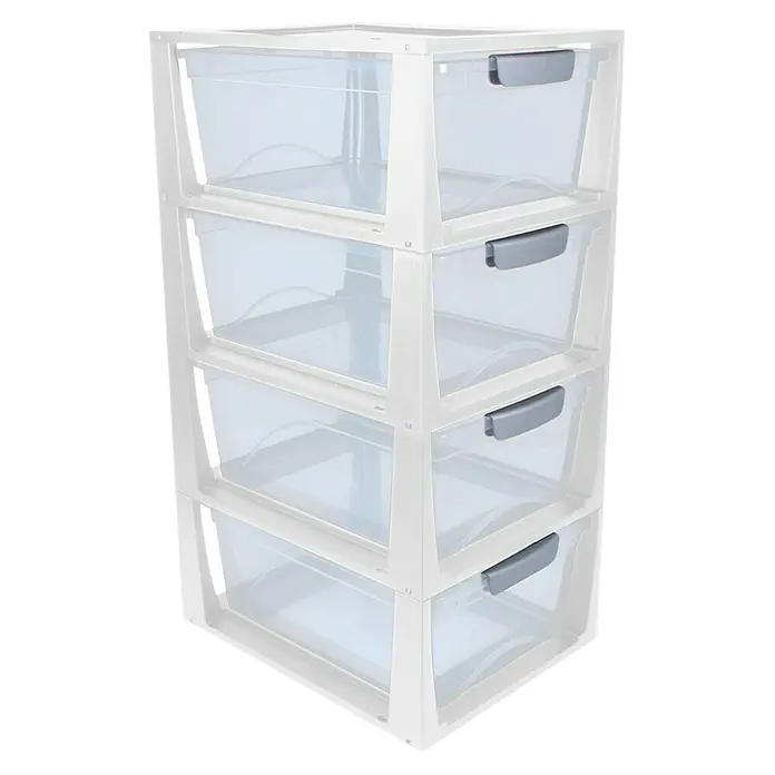 Sunware Schubladenbox Omega - L x B x H: 37,5 x 29,5 x 17,5 cm, Kunststoff, Transparent/Weiß - Eine weiße, übereinander gestapelte Schubladenkommode aus transparentem Kunststoff mit grauen Griffen, ideal zur Aufbewahrung.