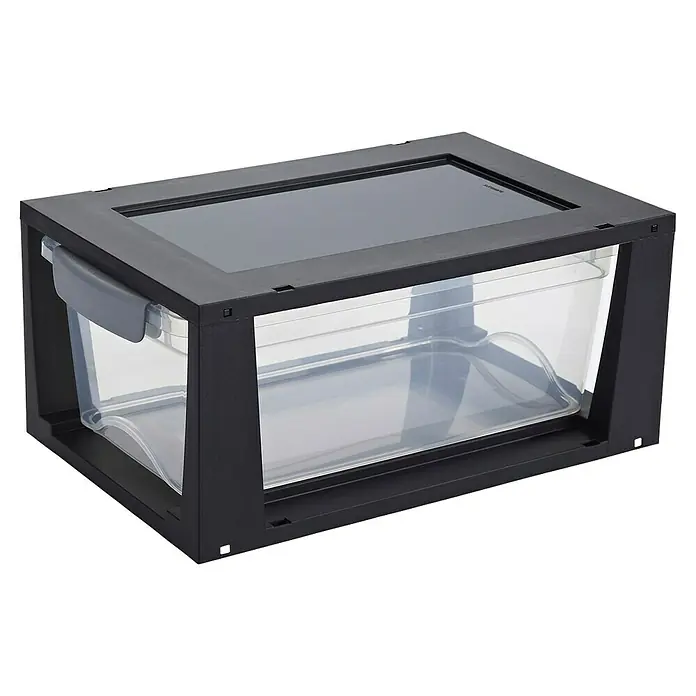 Sunware Schubladenbox Omega - L x B x H: 33,5 x 22 x 15,3 cm, Kunststoff, Schwarz/Transparent - Ein schwarzer Aufbewahrungskasten mit durchsichtiger Schublade und grauem Griff für eine einfache Organisation im Haushalt.