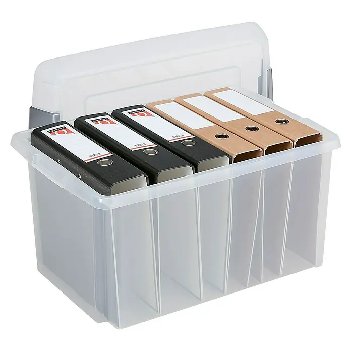 Sunware Aufbewahrungsbox Nesta - L x B x H: 61,5 x 40,5 x 33 cm, Kunststoff, Transparent - Eine durchsichtige Aufbewahrungsbox mit Deckel, gefüllt mit schwarzen und braunen Aktenordnern. Ideal für Büroorganisation.