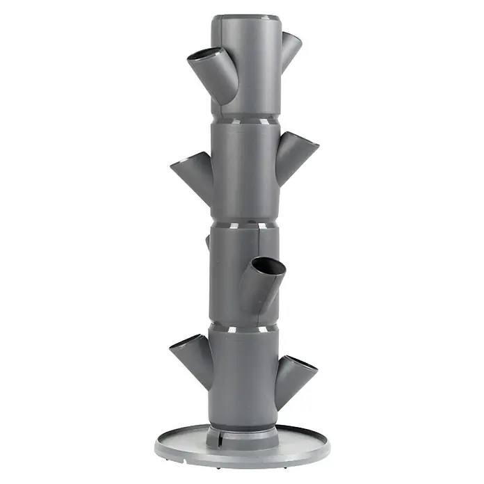 Gusta Garden Pflanzturm Sissi Strawberry Starter - 270 x 270 x 770 mm, Anthrazit - Das Bild zeigt einen grauen, mehrstöckigen Pflanzenturm auf einem transparenten Sockel, ideal für vertikale Gärten. Praktisch für kleine Räume.