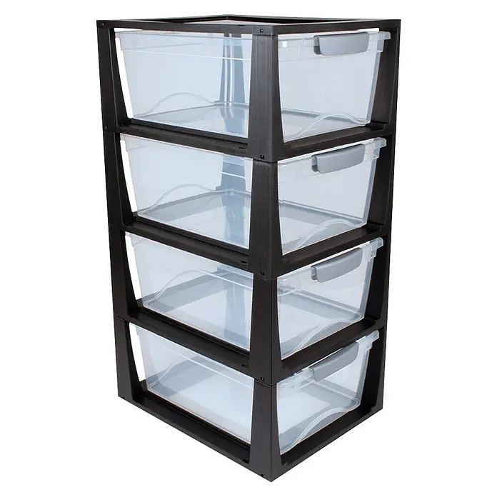 Sunware Schubladenbox Omega - L x B x H: 37,5 x 29,5 x 17,5 cm, Kunststoff, Schwarz/Transparent - Bild eines schwarzen Schubladen Turms mit 4 transparenten Schubladen.