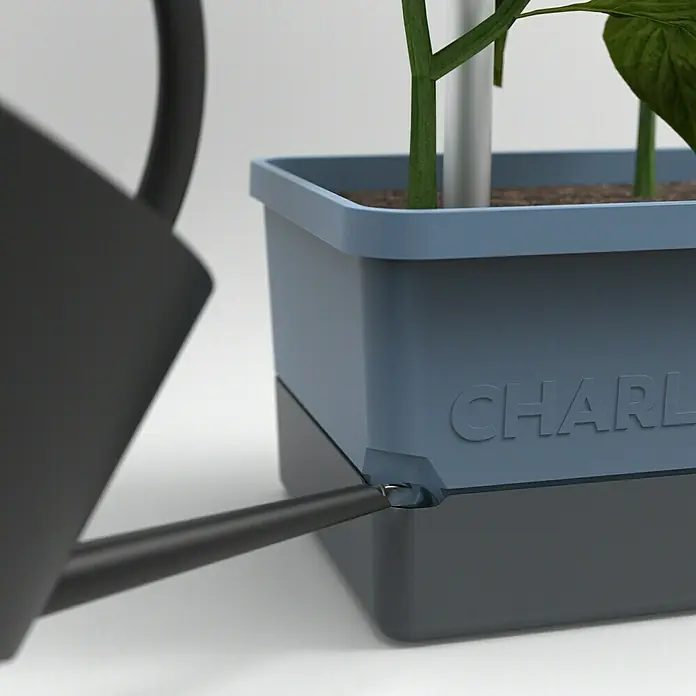 Gusta Garden Pflanzgefäß Charly Chili - 68,7 x 103,5 x 27,5 cm, Blau, 3 -tlg. - Nahaufnahme eines blauen CHARLA Pflanzgefäßes, das mit einer schwarzen Gießkanne bewässert wird. Das Gefäß steht auf einer dunklen Basis.