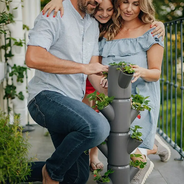 Gusta Garden Pflanzturm Sissi Strawberry Starter - 270 x 270 x 770 mm, Anthrazit - Familie betrachtet einen grauen vertikalen Pflanzturm mit Erdbeeren auf einem Balkon.