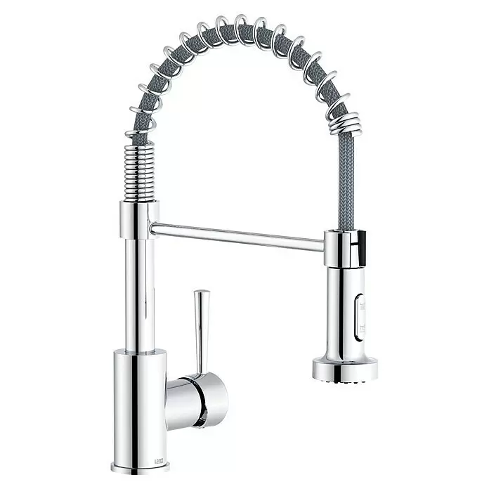 Lenz Spültischarmatur Nova - Chrom, Glänzend - Moderner Chrom-Küchenhahn mit grauem geflochtenen Ausziehschlauch und flexibler Feder.