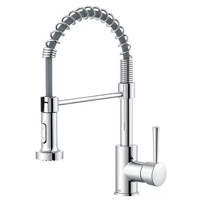 Lenz Spültischarmatur Nova - Chrom, Glänzend - Polierte Chrom-Küchenarmatur mit flexiblem grauem Geflechtschlauch, Federhals und Einhebelbedienung.