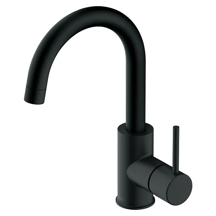 Lenz Bow Waschtischarmatur 2 - Schwarz, Matt - Ein eleganter, mattschwarzer Wasserhahn mit geschwungenem Auslauf und minimalistischem Design. Ideal für moderne Badezimmer.