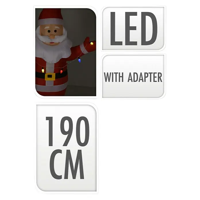Figura LED navideña Papá Noel hinchable con luces - 70 x 120 x 190 cm, Rojo, blanco, multicolor, LED - Papá Noel hinchable con iluminación LED y adaptador, altura 190 cm, ideal para decoraciones festivas interiores y exteriores.