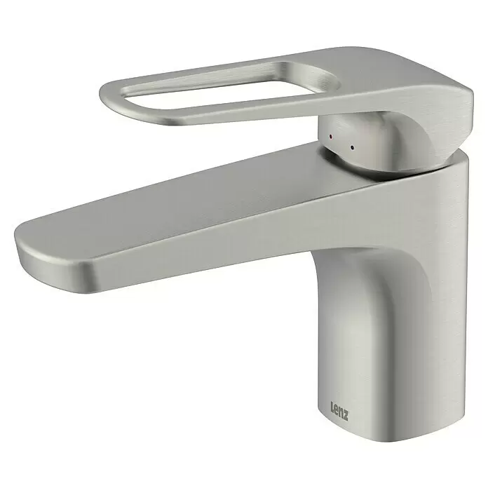 Lenz Waschtischarmatur Inoa - Edelstahl, Matt - Gebürstete Metall-Armatur mit Hebelgriff und roten/blauen Temperaturanzeigen. Modernes Design mit "Lenz" Aufschrift.