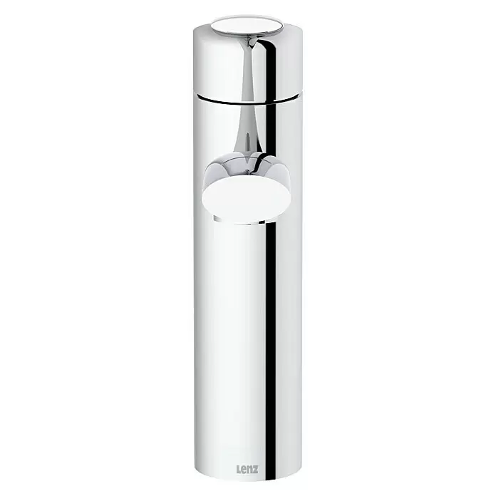 Lenz Spültischarmatur Kimo - Chrom, Glänzend - Verchromter Automatik-Seifenspender mit weißem, rundem Spenderkopf.