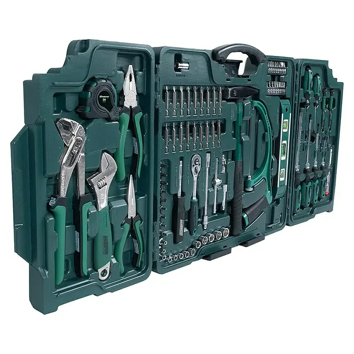 Brüder Mannesmann Werkzeugkoffer Green Line - L x B x H: 9,5 x 45 x 39 cm, 89 -tlg. - Werkzeugkoffer mit verschiedenen Werkzeugen wie Schraubenschlüssel, Hammer, Schraubendreher und Zangen.