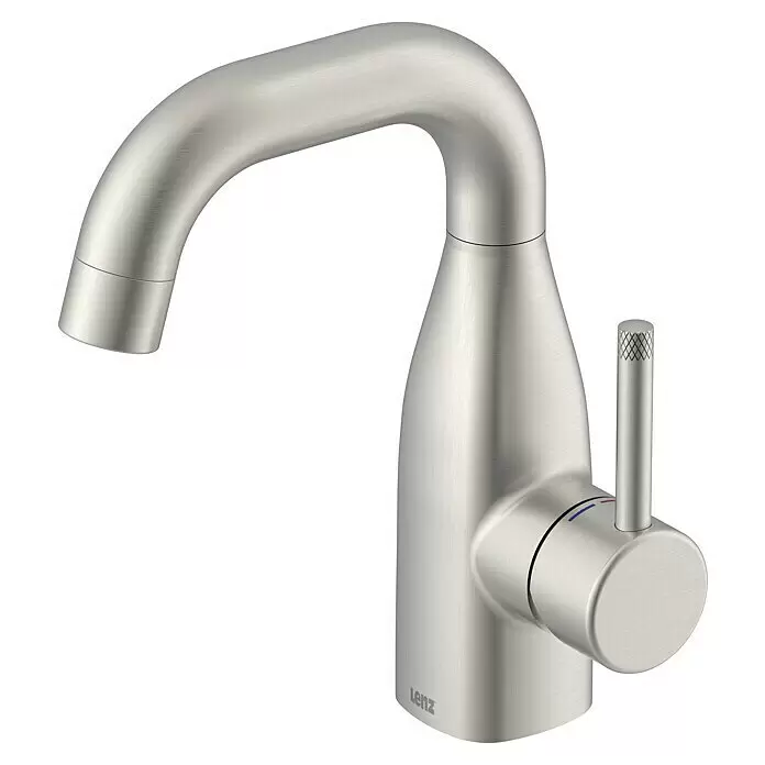 Lenz Waschtischarmatur Pola - Edelstahl, Matt - Gebürsteter Nickel-Einhebelmischer mit hohem Auslauf und Hebelgriff, mit Heiß-/Kaltanzeigen.
