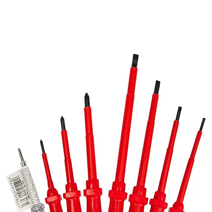 Brüder Mannesmann Set de destornilladores VDE - 14 pzs. - Juego de destornilladores aislados, incluyendo un comprobador de tensión, con mangos rojos y puntas negras, planos y de estrella.