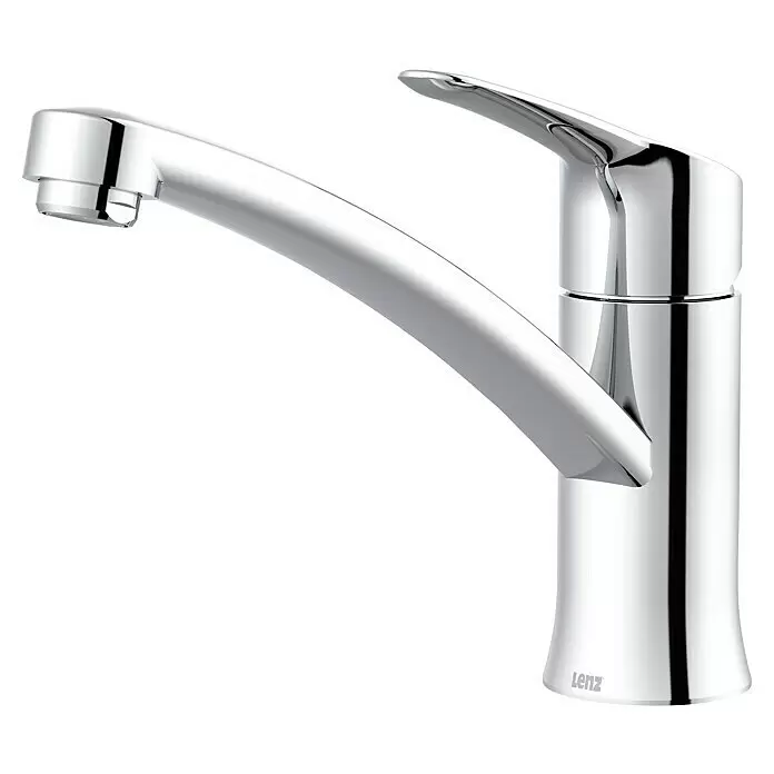 Lenz Spültischarmatur Kira - Chrom, Glänzend - Verchromter Küchenwasserhahn mit Einhebelmischer, gebogenem Auslauf und Lenz-Branding.