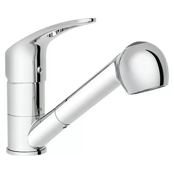 Lenz Spültischarmatur Kela - Niederdruck, Chrom, Glänzend, Mit Handbrause - Polierte Chrom-Küchenarmatur mit ausziehbarer Brause.
