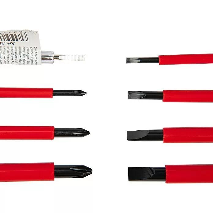 Brüder Mannesmann Set de destornilladores VDE - 14 pzs. - Varios destornilladores y puntas de destornillador con mangos rojos y puntas metálicas negras, incluyendo tipos Phillips y planos.
