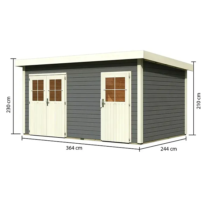 Karibu Gartenhaus Mattrup - Holz, Terragrau, Weiß - Abbildung eines modernen Gartenhauses in Grau mit weißen Türen und Fenstern, umgeben von Maßangaben.