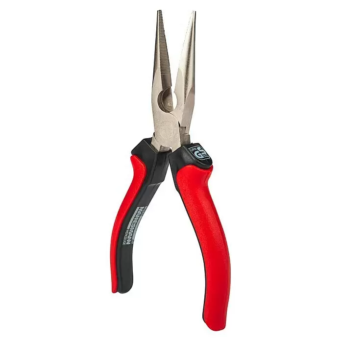 Brüder Mannesmann Set de destornilladores VDE - 14 pzs. - Alicates de punta larga plateados con mordazas dentadas y mangos ergonómicos rojos y negros.