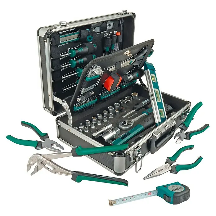 Brüder Mannesmann Werkzeugkoffer - L x B x H: 36,5 x 37 x 13,5 cm, 90 -tlg. - Werkzeugkoffer mit grünem Griff und Werkzeugen im Inneren, inklusive Zange und Maßband für jeden Heimwerker.