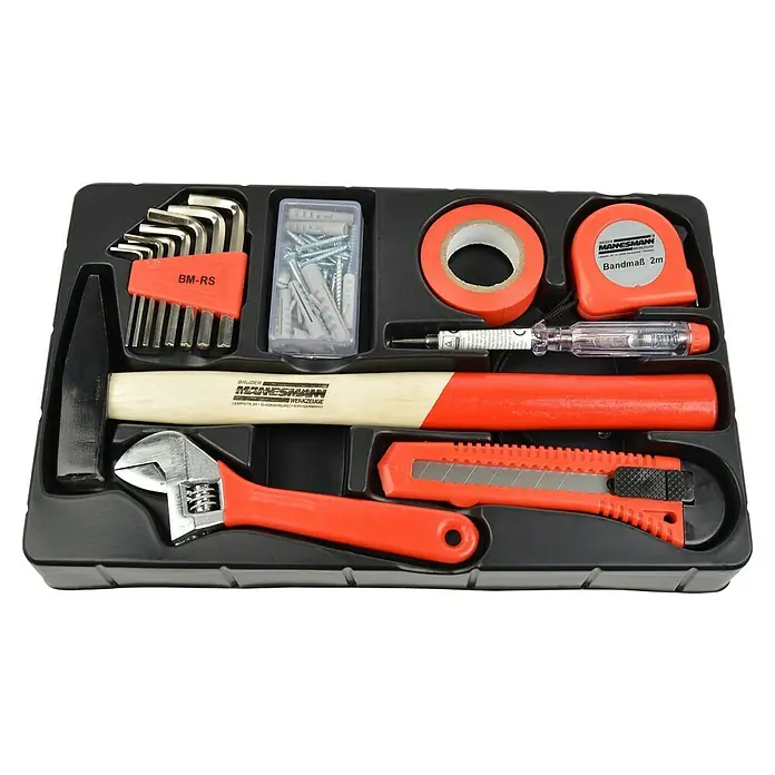 Brüder Mannesmann Werkzeugkasten - L x B x H: 26,5 x 40 x 27,5 cm, 155 -tlg. - Mannesmann Werkzeugkoffer mit Hammer, Schraubenschlüssel, Schraubendreher, Maßband, Isolierband, Inbusschlüssel, Schrauben, Cutter und Phasenprüfer.