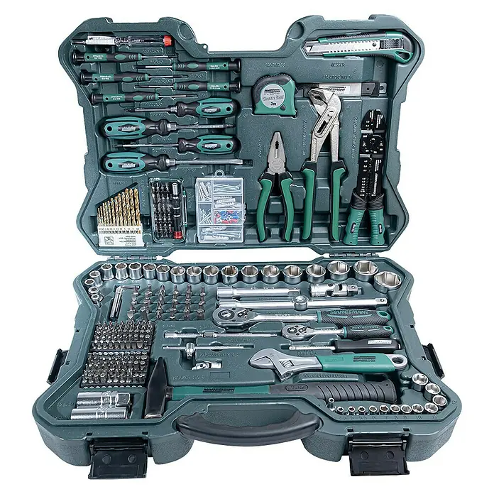 Brüder Mannesmann Werkzeugkoffer Green Line - L x B x H: 12,5 x 52 x 38 cm, 303 -tlg. - Der Werkzeugkoffer von Mannesmann ist gut sortiert mit Schraubenziehern, Zangen, Hammer und vielem mehr, ideal für Heimwerker.