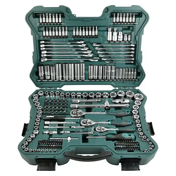 Brüder Mannesmann Set de llaves de vaso - 215 pzs., Tamaño de accionamiento: ¼″ - Completo juego de herramientas verde oscuro en un estuche abierto, con llaves metálicas, vasos, carracas y puntas de destornillador.