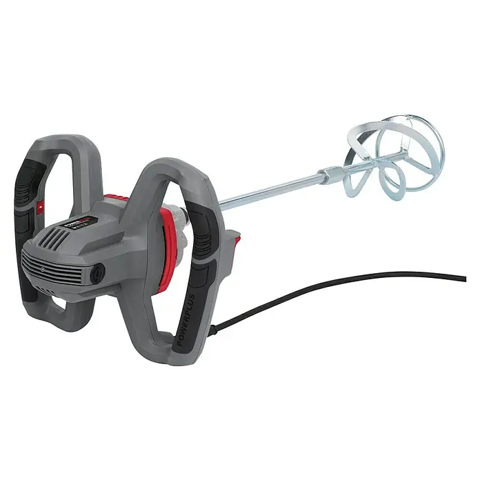 PowerPlus Mezclador de pintura y mortero POWE80070 - 1.200 W, M 14, Diámetro paleta de mezcla: 120 mm - Un mezclador de pintura Powerplus, una herramienta utilizada para mezclar pintura y otros materiales, con un diseño de doble mango y mezclador helicoidal.